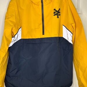 Zoo York Yellow & Navy Hooded Windbreaker Jacket – Size L Streetwear Skate Style